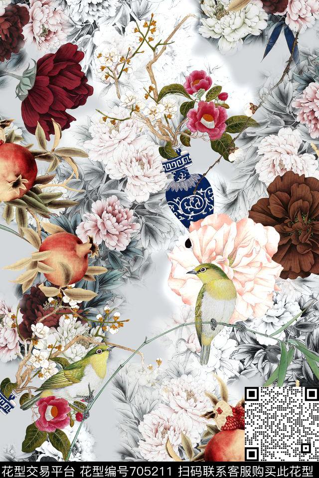 中国风工笔牡丹数码印花华亿平台下载（图片编号: 705211） - 瓦栏（Walan）