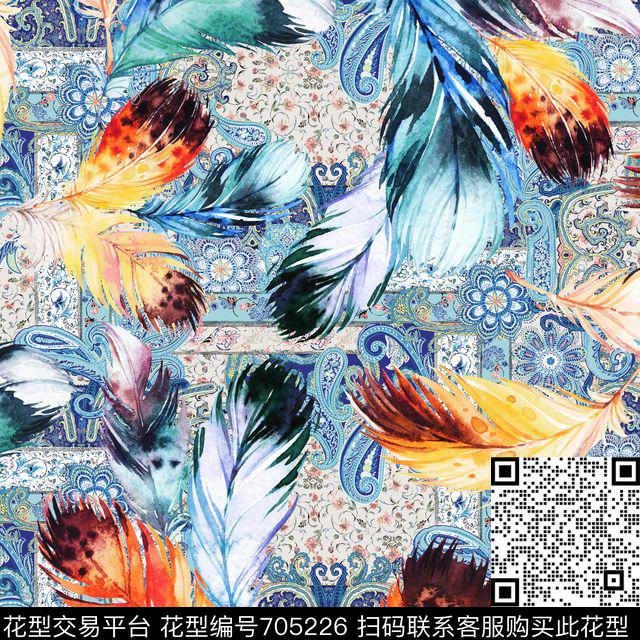 羽毛正方形腰果数码印花华亿平台下载（图片编号: 705226） - 瓦栏（Walan）