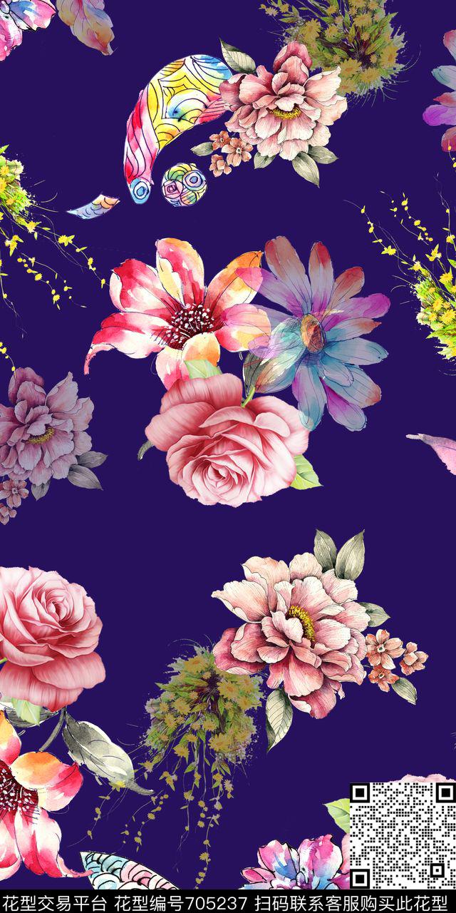 水彩清爽花卉羽毛数码印花华亿平台下载（图片编号: 705237） - 瓦栏（Walan）