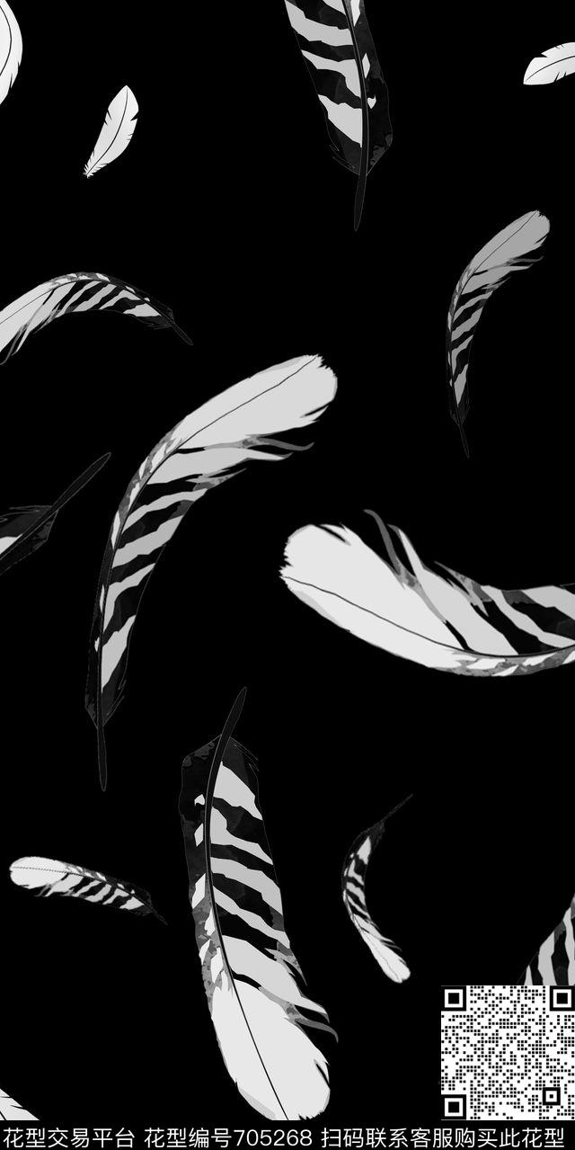 羽毛黑白趣味数码印花华亿平台下载（图片编号: 705268） - 瓦栏（Walan）
