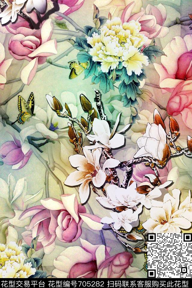 中国风玉兰花炫彩数码印花华亿平台下载（图片编号: 705282） - 瓦栏（Walan）