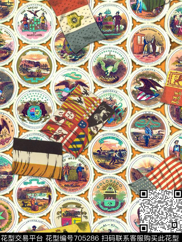 欧式徽章复古国旗数码印花华亿平台下载（图片编号: 705286） - 瓦栏（Walan）