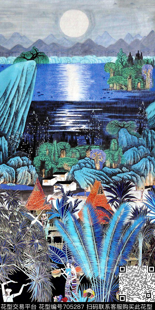 风景蜡染棕榈树数码印花华亿平台下载（图片编号: 705287） - 瓦栏（Walan）