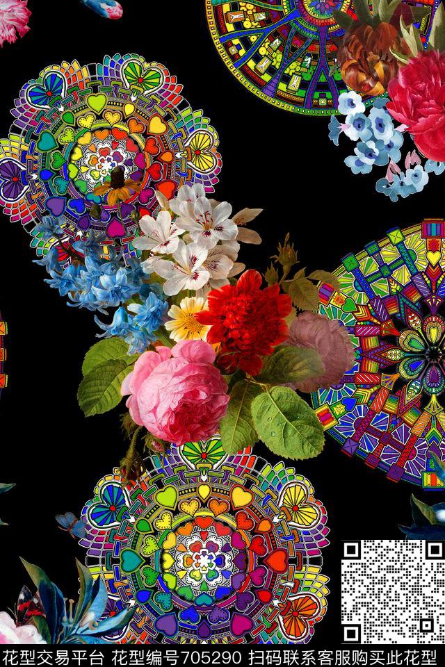 油画花卉几何花纹数码印花华亿平台下载（图片编号: 705290） - 瓦栏（Walan）
