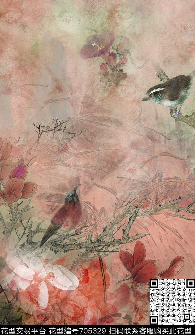 民族风花卉水墨数码印花华亿平台下载（图片编号: 705329） - 瓦栏（Walan）