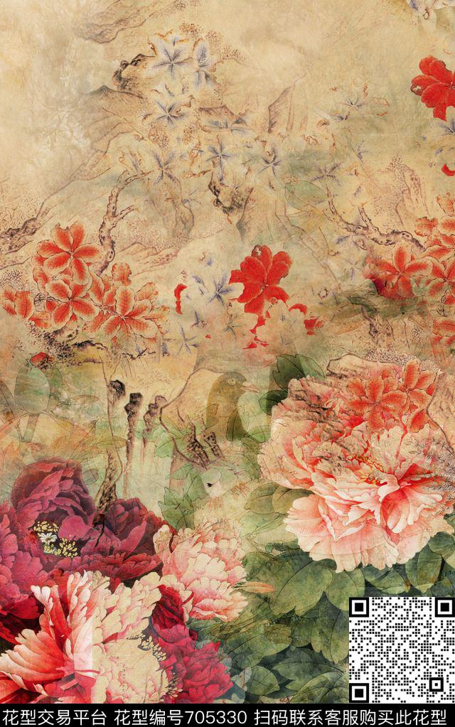 民族风花卉水墨数码印花华亿平台下载（图片编号: 705330） - 瓦栏（Walan）