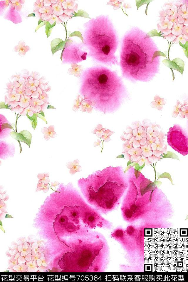 创意手绘花卉绣球花数码印花华亿平台下载（图片编号: 705364） - 瓦栏（Walan）