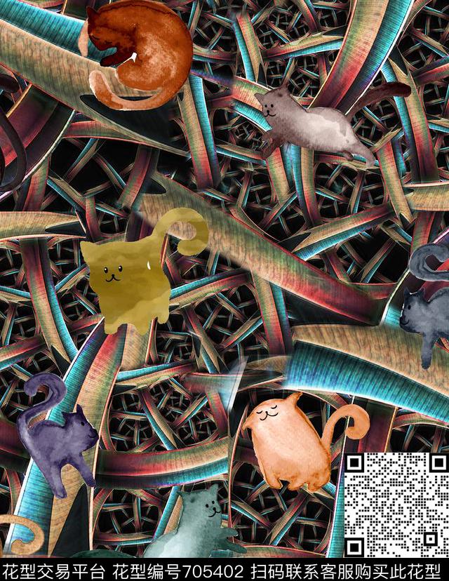 3D抽象纹理手绘猫数码印花华亿平台下载（图片编号: 705402） - 瓦栏（Walan）