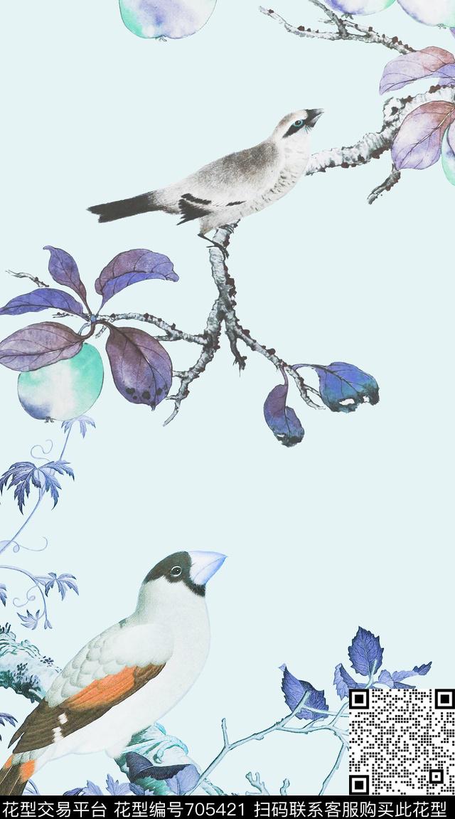 中国风花鸟树枝鸟数码印花华亿平台下载（图片编号: 705421） - 瓦栏（Walan）