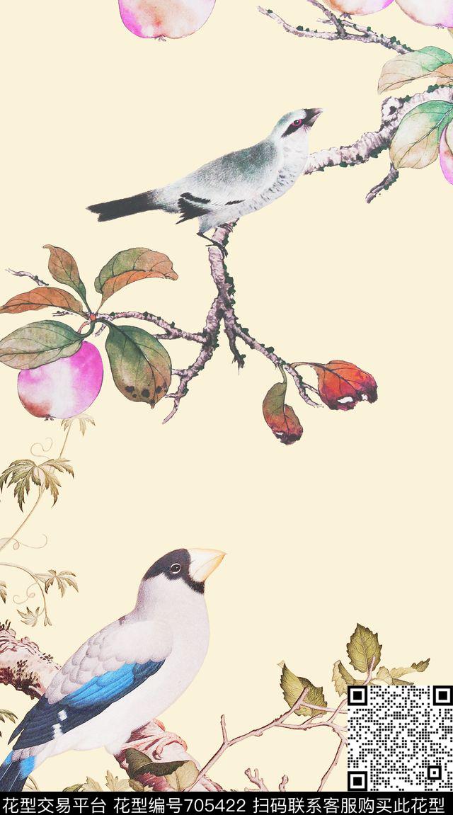 中国风花鸟树枝鸟数码印花华亿平台下载（图片编号: 705422） - 瓦栏（Walan）