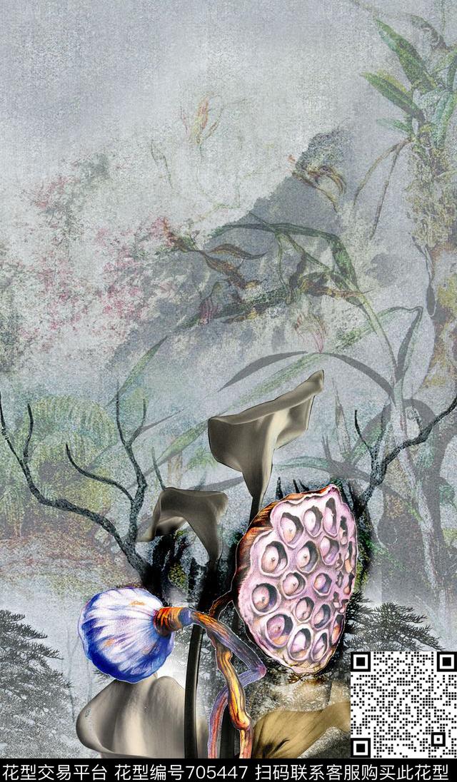 荷花莲蓬风景数码印花华亿平台下载（图片编号: 705447） - 瓦栏（Walan）