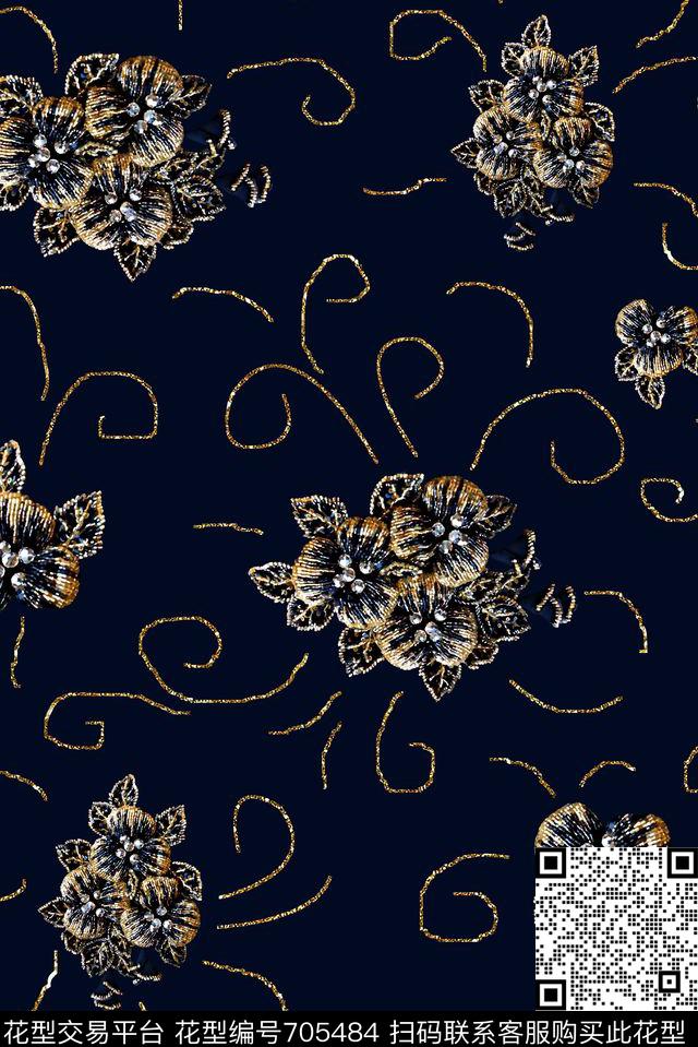 抽象手绘满版花卉鎏金花卉最新高清数码宫庭花卉数码印花华亿平台下载（图片编号: 705484） - 瓦栏（Walan）