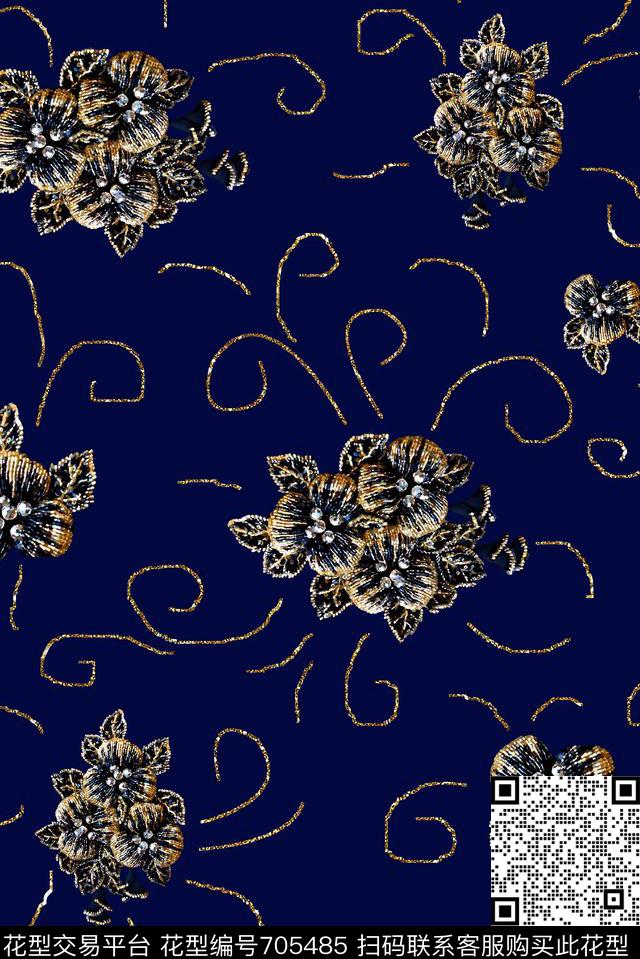 抽象手绘满版花卉鎏金花卉最新高清数码宫庭花卉数码印花华亿平台下载（图片编号: 705485） - 瓦栏（Walan）