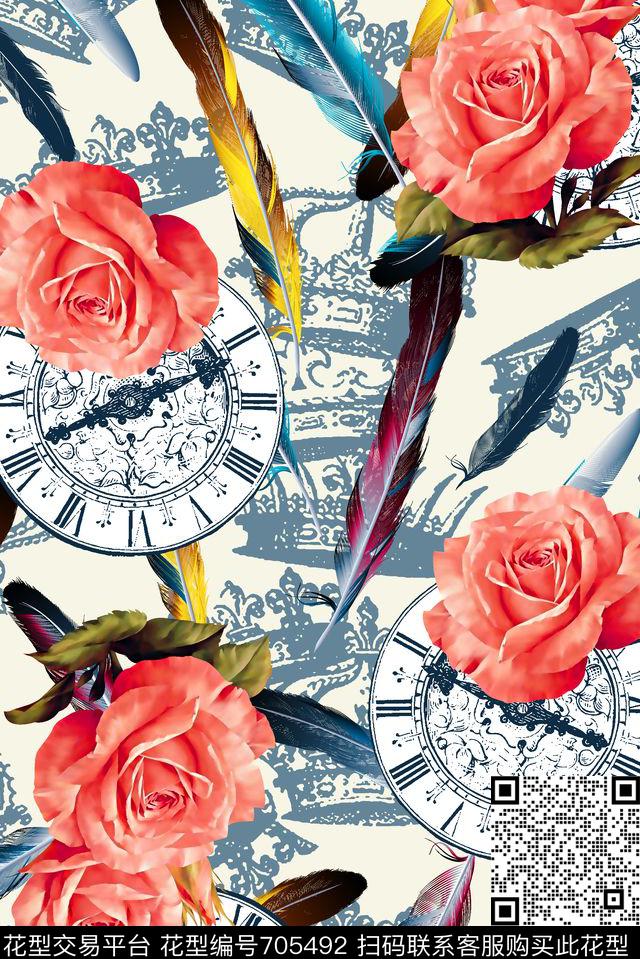 抽象手绘满版花卉羽毛皇冠数码印花华亿平台下载（图片编号: 705492） - 瓦栏（Walan）