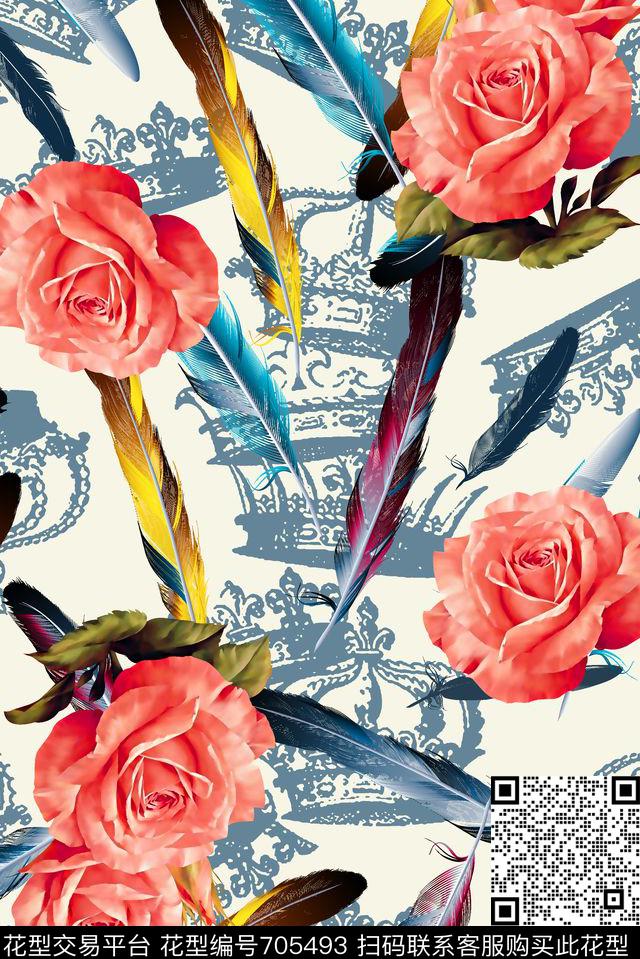 抽象手绘满版花卉羽毛皇冠数码印花华亿平台下载（图片编号: 705493） - 瓦栏（Walan）