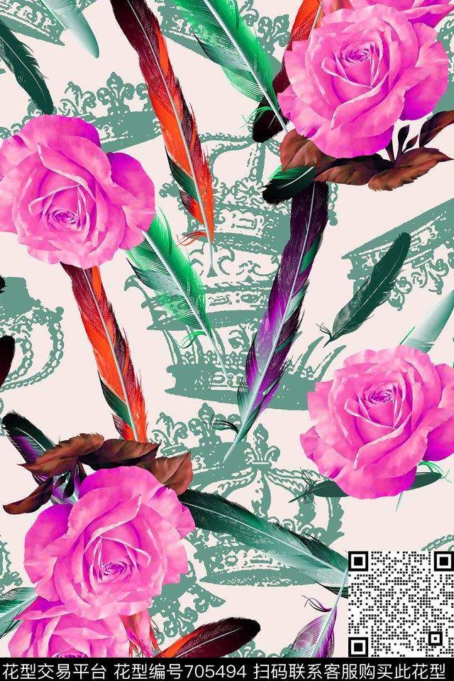 抽象手绘满版花卉羽毛皇冠数码印花华亿平台下载（图片编号: 705494） - 瓦栏（Walan）