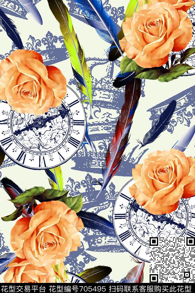 抽象手绘满版花卉羽毛皇冠数码印花华亿平台下载（图片编号: 705495） - 瓦栏（Walan）