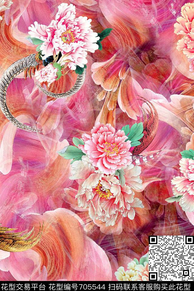 炫彩底纹牡丹花工笔数码印花华亿平台下载（图片编号: 705544） - 瓦栏（Walan）
