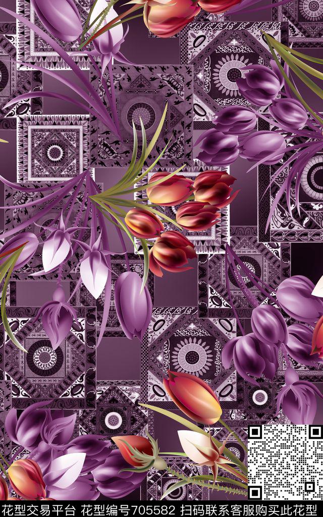 郁金香花朵花卉数码印花华亿平台下载（图片编号: 705582） - 瓦栏（Walan）