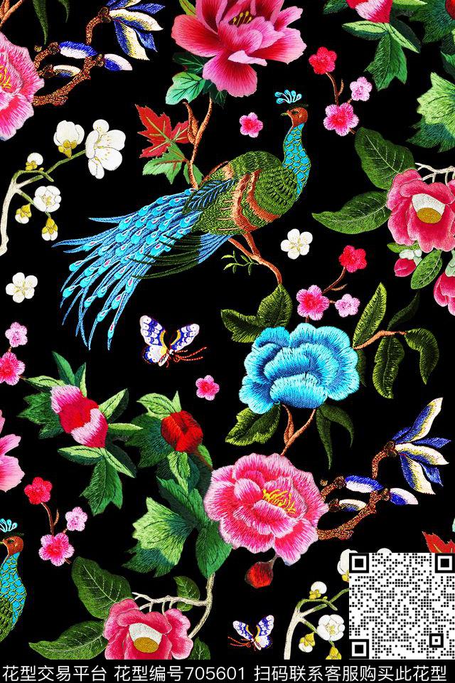 刺绣花卉孔雀数码印花华亿平台下载（图片编号: 705601） - 瓦栏（Walan）