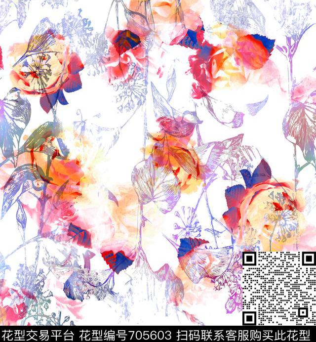 水彩花卉枝叶水墨数码印花华亿平台下载（图片编号: 705603） - 瓦栏（Walan）