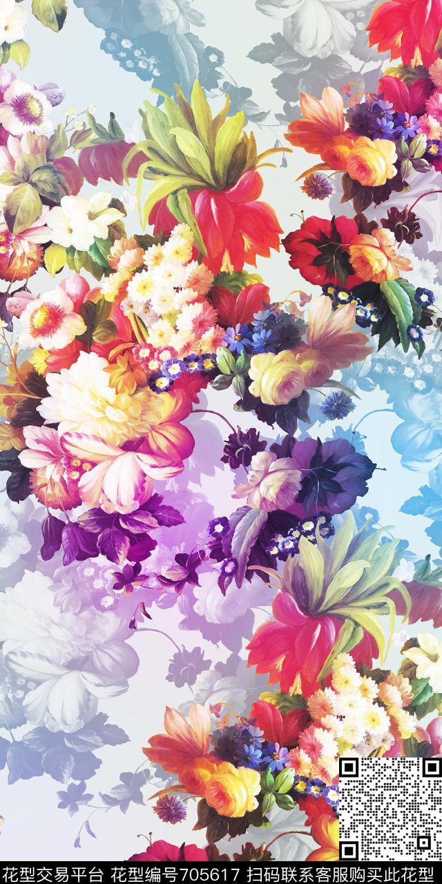 大花花卉油画数码印花华亿平台下载（图片编号: 705617） - 瓦栏（Walan）