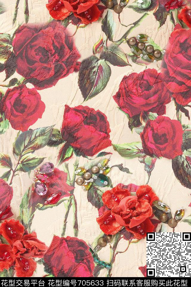 玫瑰花绣花华亿平台珠宝宝石数码印花华亿平台下载（图片编号: 705633） - 瓦栏（Walan）