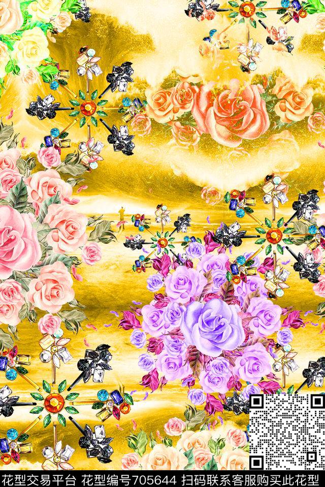 手绘水彩珠宝MAX-女装花卉幻彩云彩数码印花华亿平台下载（图片编号: 705644） - 瓦栏（Walan）