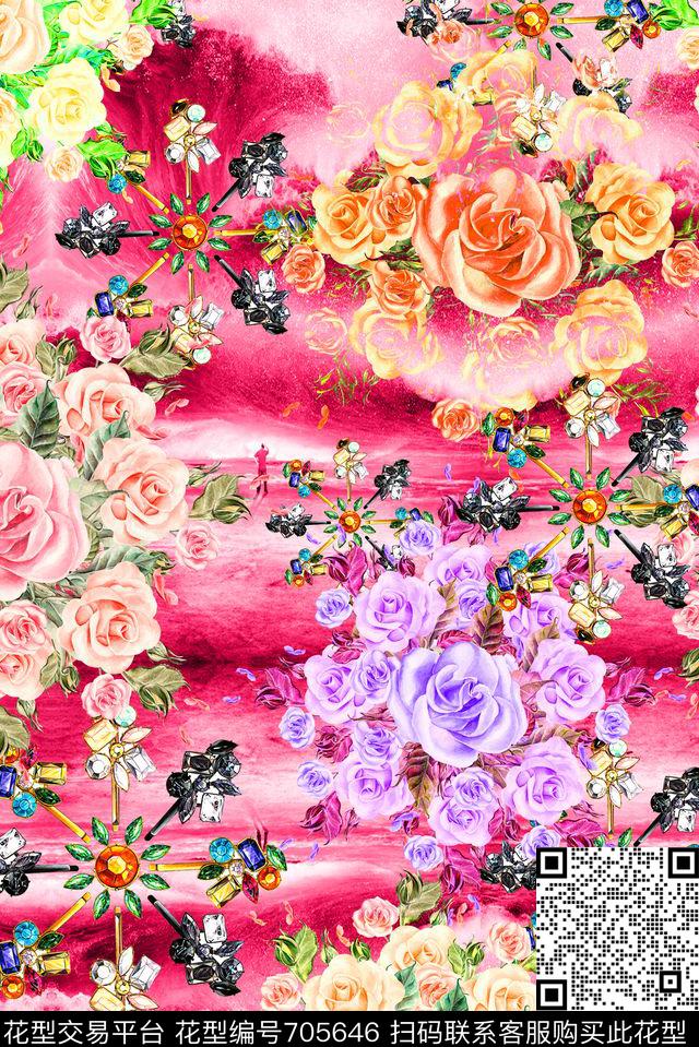 手绘水彩珠宝MAX-女装花卉幻彩云彩数码印花华亿平台下载（图片编号: 705646） - 瓦栏（Walan）