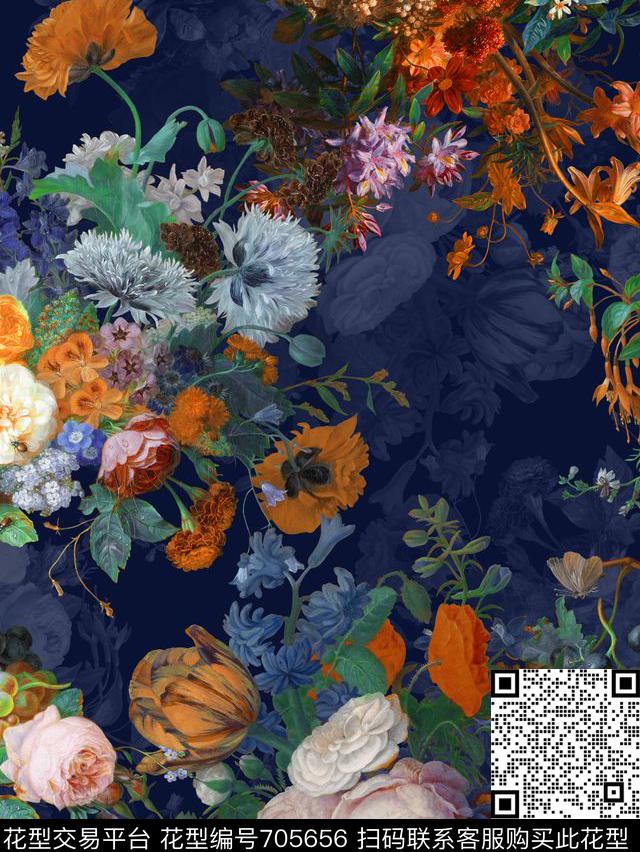 大牌复古油画花卉系列手绘花卉数码印花华亿平台下载（图片编号: 705656） - 瓦栏（Walan）
