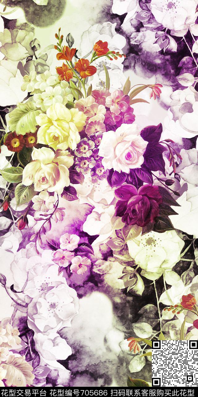 油画乱花大花数码印花华亿平台下载（图片编号: 705686） - 瓦栏（Walan）