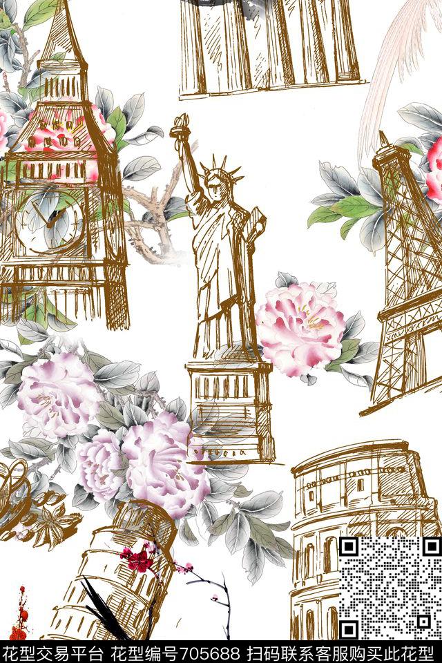 花朵花卉建筑数码印花华亿平台下载（图片编号: 705688） - 瓦栏（Walan）