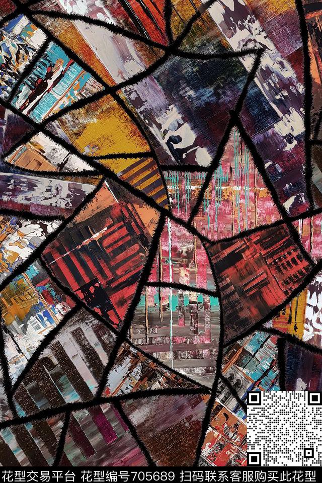 牡丹抽象油画格子数码印花华亿平台下载（图片编号: 705689） - 瓦栏（Walan）