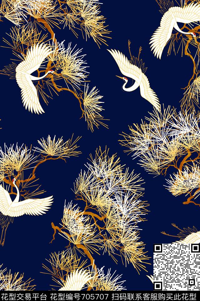 几何线条国画松树仙鹤中国风数码印花华亿平台下载（图片编号: 705707） - 瓦栏（Walan）