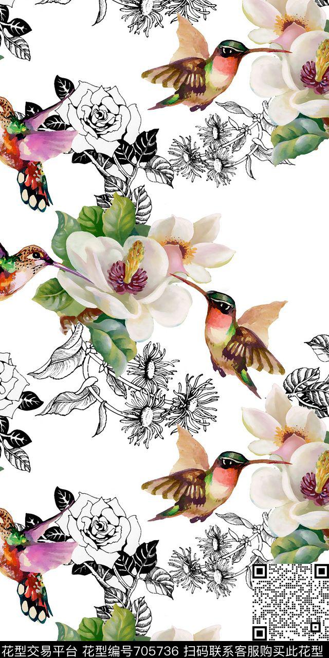 花卉真花鸟数码印花华亿平台下载（图片编号: 705736） - 瓦栏（Walan）