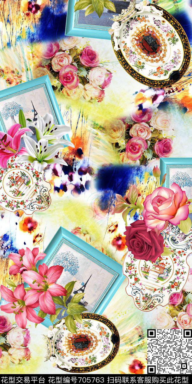 欧式圆盘水彩花卉肌理底纹数码印花华亿平台下载（图片编号: 705763） - 瓦栏（Walan）
