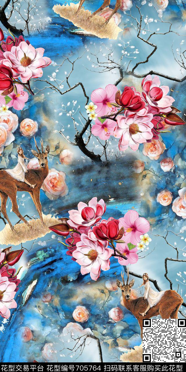 鹿花卉树枝数码印花华亿平台下载（图片编号: 705764） - 瓦栏（Walan）