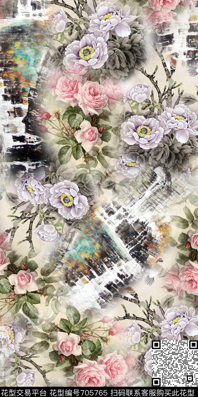 中国风老年装牡丹花数码印花华亿平台下载（图片编号: 705765） - 瓦栏（Walan）