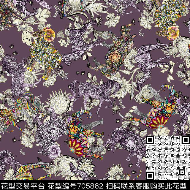 动物抽象花卉马牛羊数码印花华亿平台下载（图片编号: 705862） - 瓦栏（Walan）