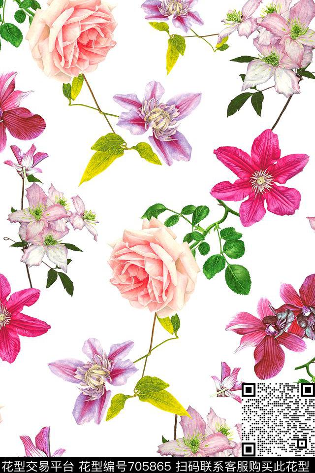 流行时尚花朵花卉数码印花华亿平台下载（图片编号: 705865） - 瓦栏（Walan）