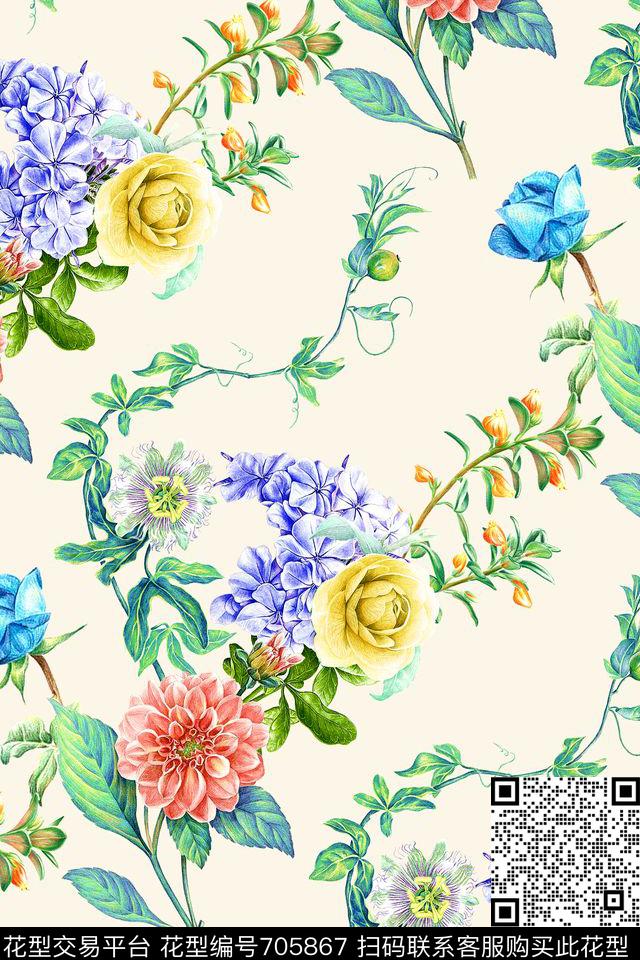 花卉叶子热带风数码印花华亿平台下载（图片编号: 705867） - 瓦栏（Walan）