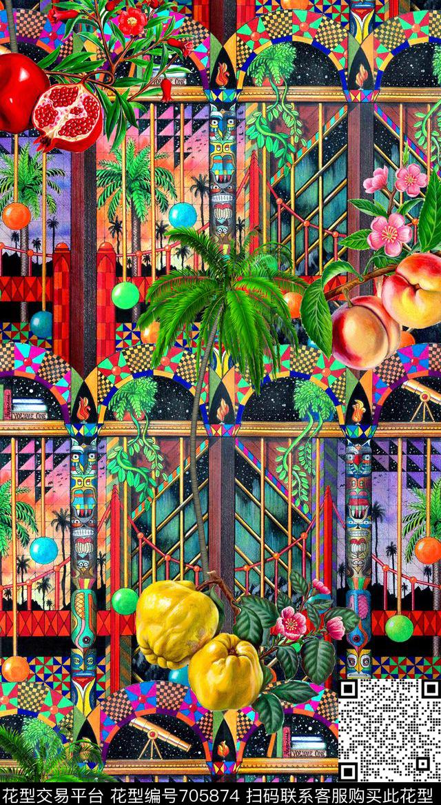 棕榈树花卉水果数码印花华亿平台下载（图片编号: 705874） - 瓦栏（Walan）