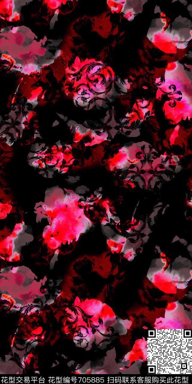 抽象泼墨花卉数码印花华亿平台下载（图片编号: 705885） - 瓦栏（Walan）