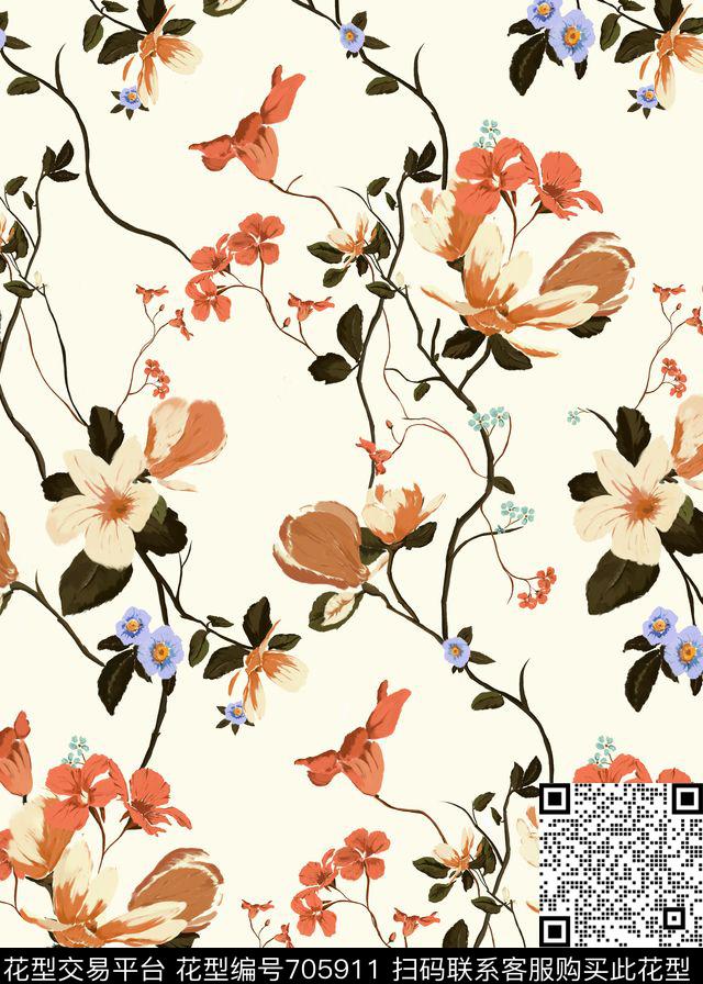 欧美风花卉印花花卉复古传统印花华亿平台下载（图片编号: 705911） - 瓦栏（Walan）