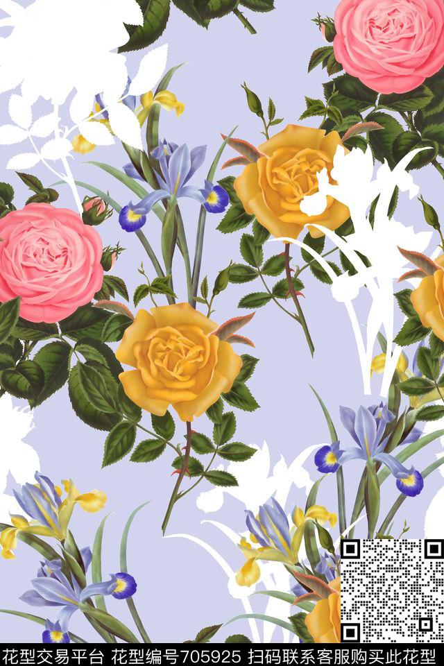 花卉玫瑰兰花数码印花华亿平台下载（图片编号: 705925） - 瓦栏（Walan）