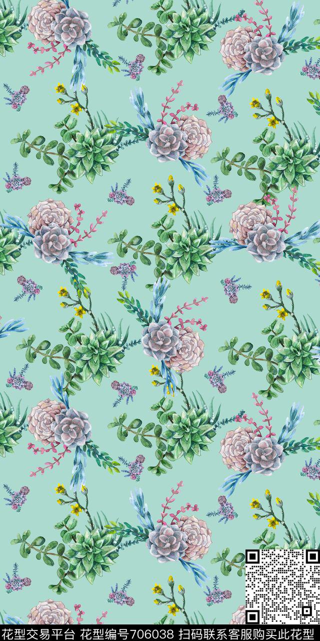 手绘多肉植物数码印花华亿平台下载（图片编号: 706038） - 瓦栏（Walan）