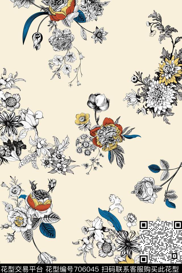 花卉线条抽象传统印花华亿平台下载（图片编号: 706045） - 瓦栏（Walan）