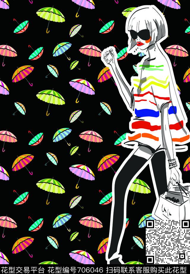 雨伞美女现代传统印花华亿平台下载（图片编号: 706046） - 瓦栏（Walan）