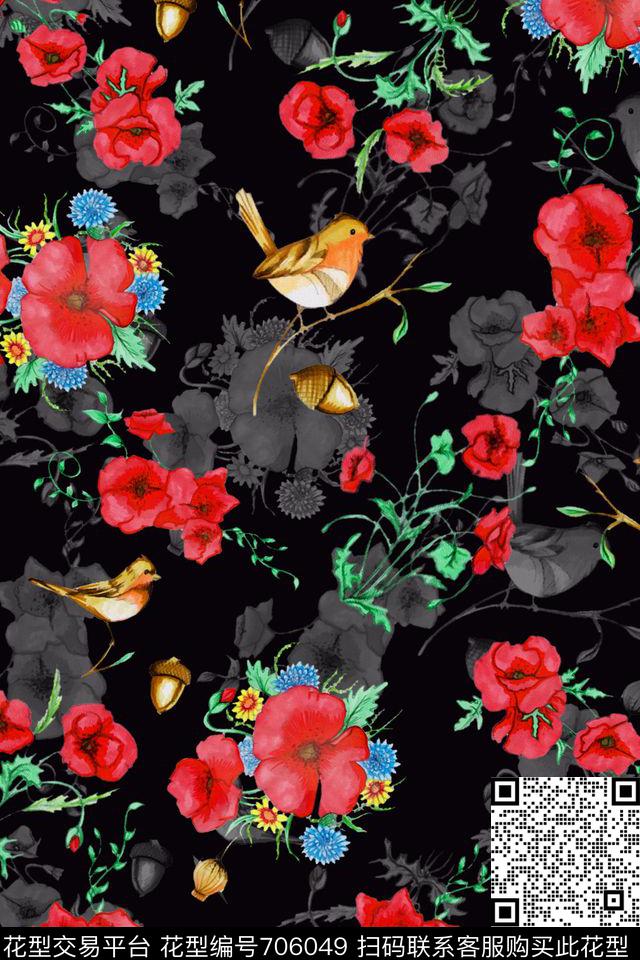 浪漫水彩花卉鸟数码印花华亿平台下载（图片编号: 706049） - 瓦栏（Walan）