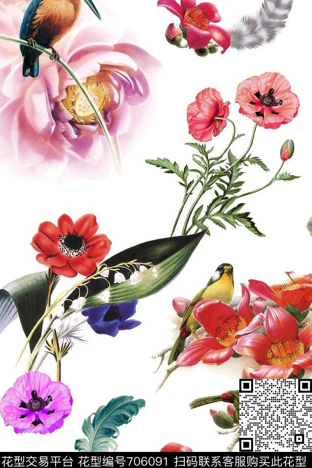 羽毛花鸟花卉数码印花华亿平台下载（图片编号: 706091） - 瓦栏（Walan）